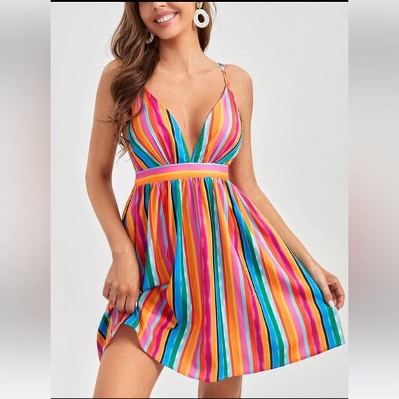 SHEIN Tall Vertical Striped Crisscross Back Cami Dress - Picture 4 of 8